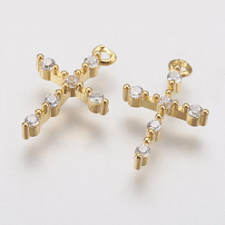Oro Micro pavé de latón zirconia cúbica pequeños encantos de cruz, dorado, 13.5x9x2.5 mm, agujero: 1 mm