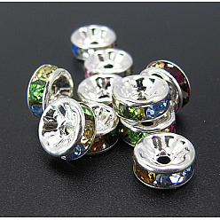 Colorful Brass Rhinestone Spacer Beads, Grade A, Silver Color Plated, Rondelle, Colorful, Size: about 8mm in diameter, 3.5mm thick, hole: 2mm