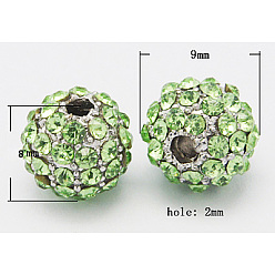 Light Green Alloy Beads, with Middle East Rhinestones, Round, Silver, Light Green, Size: about 9mm in diameter, 8mm thick, hole: 2mm