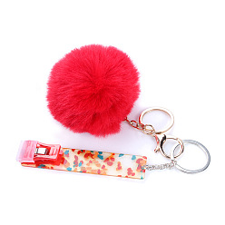 Rouge Porte-clés boule de laine, avec accessoires en fer et porte-cartes en pvc et acrylique, rouge, 10x2 cm