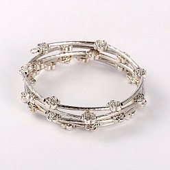 Antique Silver Brass Tube 5-Loops Wrap Bracelets, with Tibetan Style Flower Beads, Antique Silver, 51mm