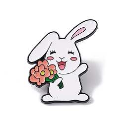 Flor Pasador de esmalte de conejo tema de Pascua, Broche de animal de aleación negra de electroforesis para ropa de mochila, patrón de flores, 33x28x2 mm