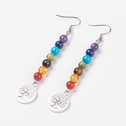 Mixed Stone Chakra Jewelry, Mixed Stone & Resin Dangle Earrings, with Alloy and Brass Earring Hooks, Tree of Life, 85.5mm, Pin: 0.6mm