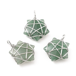 Green Aventurine Natural Green Aventurine Pendants, with Platinum Tone Copper Wire Wrapped, Cadmium Free & Lead Free, Star, 37~41x29~31x9~11mm, Hole: 4.5~6mm