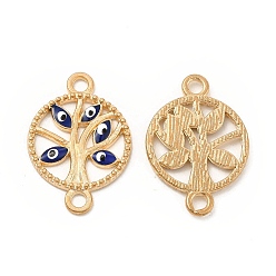 Prussian Blue Alloy Enamel Connector Charms, Flat Round Tree Links with Evil Eye, Light Gold, Nickel, Prussian Blue, 23.5x16.5x2mm, Hole: 2mm