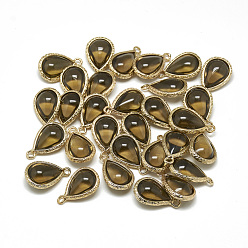 Dark Khaki Glass Pendants, with Golden Tone Brass Findings, teardrop, Dark Khaki, 18.5x12.5x7mm, Hole: 1.5mm