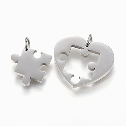 Stainless Steel Color 304 Stainless Steel Split Pendants, Heart with Puzzle, Stainless Steel Color, 24x28x2.5mm, Hole: 5mm, 17.5x17.5x2.5mm, Hole: 5mm