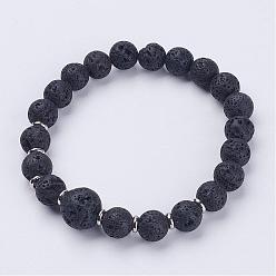 Lava Rock Natural Lava Rock Beads Stretch Bracelets, with 304 Stainless Steel Bead Spacers, 2-1/2 inch(63mm)