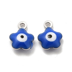 Blue 304 Stainless Steel Enamel Charms, Flower with Evil Eye Charm, Stainless Steel Color, Blue, 8.5x6.5x2.5mm, Hole: 1mm
