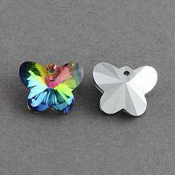 Colorful Butterfly Electroplated Glass Pendants, Silver Plated Bottom, Faceted, Colorful, 12x15x7mm, Hole: 1mm