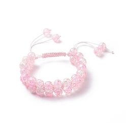 Pink Bracelet en perles de verre tressées rondes bling, bracelet réglable double couche pour femme, rose, diamètre intérieur: 2~3-3/4 pouce (5.1~9.6 cm)