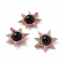 Obsidian Natural Obsidian Pendants, Sun Charms, with Rack Plating Rose Gold Tone Brass Findings, Cadmium Free & Lead Free, 26~28x24~28x10mm, Hole: 2x4mm