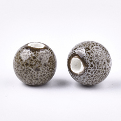 Rosy Brown Handmade Porcelain Beads, Fancy Antique Glazed Porcelain, Round, Rosy Brown, 10.5~11x9.5mm, Hole: 2.5mm