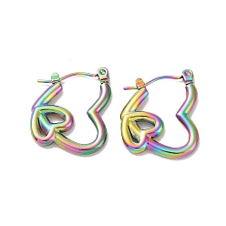 Rainbow Color Placage ionique (ip) saint valentin 304 boucles d'oreilles créoles double cœur en acier inoxydable pour femmes, couleur arc en ciel, 21x17x2.5mm, pin: 0.6 mm
