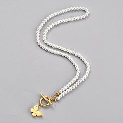 Golden 304 Stainless Steel Pendant Necklaces, with Acrylic Imitation Pearl Round Beads and Rhinestone, Butterfly, White, Golden, 18.03 inch(45.8cm)