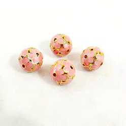 Pink Brass Bead, with Enamel, Golden, Round, Pink, 11mm