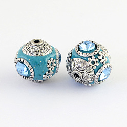 Dark Turquoise Handmade Indonesia Round Beads, with Glass Cabochons and Antique Silver Metal Color Double Alloy Cores, Dark Turquoise, 14~15x15~16mm, Hole: 2mm