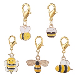 Jaune Décorations pendantes en alliage émaillé, avec fermoir pince de homard, pour porte-clés, sac à main, ornement de sac à dos, abeilles, jaune, 30~40mm, 5 pièces / kit