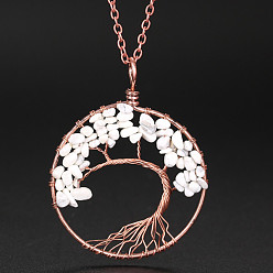 Howlite Colliers avec pendentif arbre de vie en copeaux de howlite naturelle, collier de chaîne de câble en alliage pour femmes, 20-7/8 pouce (53 cm)