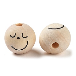 Бланшированный Миндаль Печатные деревянные бусины, круглый с улыбающимся лицом, неокрашенными, бланшированный миндаль, 20 мм, отверстие : 2 мм