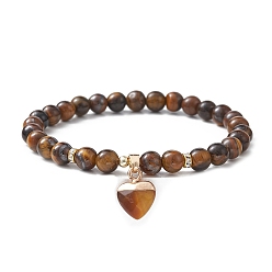 Tiger Eye Natural Tiger Eye Round Beaded Stretch Bracelets, with Heart Charms, Inner Diameter: 2-1/8~2-1/4 inch(5.4~5.6cm)