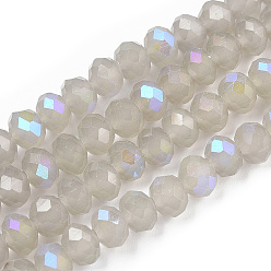 Gray Electroplate Glass Beads Strands, Imitation Jade Beads, Half Plated, Rainbow Plated, Faceted, Rondelle, Gray, 6x5mm, Hole: 1mm, about 85~88pcs/strand, 16.1~16.5 inch(41~42cm)