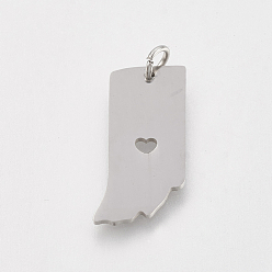 Stainless Steel Color 201 Stainless Steel Pendants, Map of Indiana, Stainless Steel Color, 22x11x1mm, Hole: 3mm