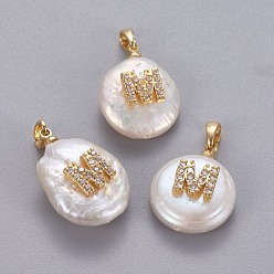 Letter M Natural Cultured Freshwater Pearl Pendants, with Brass Micro Pave Cubic Zirconia Findings, Nuggets with Letter, Long-Lasting Plated, Golden, Clear, Letter.M, 17~27x12~16x6~12mm, Hole: 4x2.5mm
