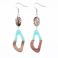 Deep Sky Blue Resin & Wood Dangle Earrings, with Natural Bodhi Wood Bead and 316 Surgical Stainless Steel Earring Hooks, Twisted Oval, Deep Sky Blue, 80~83mm, Pin: 0.6mm
