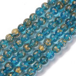 Dodger Azul Perlas de cristal de murano de arena de oro hecho a mano hilos, rondo, azul dodger, 10.5x9.5 mm, agujero: 1.6 mm, sobre 30 unidades / cadena, 11.26 pulgada (28.6 cm)