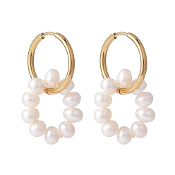 Golden Natural Pearl Beaded Ring Shape Hoop Earring, Drop Huggie Hoop Earrings for Girl Women, Golden, 33mm, Pin: 1mm