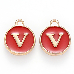 Letter V Golden Plated Alloy Charms, with Enamel, Enamelled Sequins, Flat Round, Red, Letter.V, 14x12x2mm, Hole: 1.5mm, 50pcs/Box