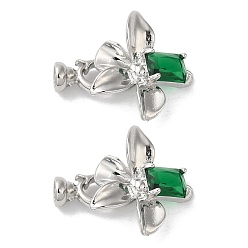 Platinum Rack Plating Brass Pave Green Glass Flower Fold Over Clasps, Cadmium Free & Lead Free, Long-Lasting Plated, Platinum, Flower: 21x21.8x8.3mm, Hole: 5.6x4.3mm & 1.5mm, Clasp: 12.6x7x5.6mm, 3.8mm inner diameter