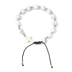 Howlite Natural Howlite Round & Cross Braided Bead Bracelets, Adjustable Nylon Cord Bracelets for Women, Inner Diameter: 2-1/8~3-1/8  inch(5.5~8cm)