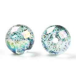 Medium Aquamarine UV Plating Rainbow Iridescent Acrylic Beads, Bead in Bead with Glitter Powder, Round, Medium Aquamarine, 16x15.5mm, Hole: 2.7mm