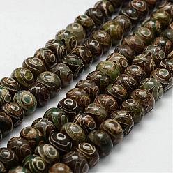 3-Eye Tibetan Style 3-Eye dZi Beads Strands, Natural Agate Beads, Dyed & Heated, Rondelle, Dark Olive Green, 14~14.5x9.5~10mm, Hole: 2.5mm, about 37pcs/strand, 14.2 inch(360mm)
