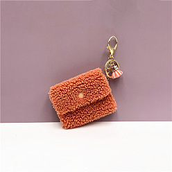 Corail Joli porte-monnaie porte-clés en peluche, porte-monnaie en polaire pelletée avec pompon et porte-clés, porte-monnaie pour cartes d'identité et clés de voiture, corail, 9x7 cm