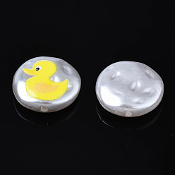 Amarillo 3 d cuentas de perlas de imitación de plástico abs impresas, Redondo plano con pato, amarillo, 16x5 mm, agujero: 0.9 mm