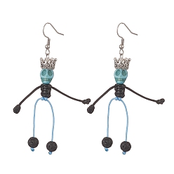 Turquoise Synthetic Turquoise & Natural Lava Rock Braided Skeleton Dangle Earrings, 316 Surgical Stainless Steel Long Drop Earrings for Halloween, Turquoise, 79mm, Pin: 0.8mm