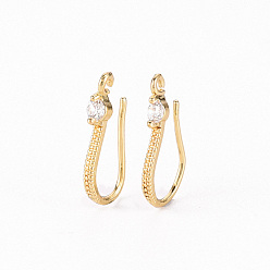 Real 18K Gold Plated Brass Micro Pave Clear Cubic Zirconia Earring Hooks, with Horizontal Loop, Real 18K Gold Plated, 17x2.5mm, Hole: 1.2mm, 21 Gauge, Pin: 0.7mm