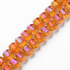 Dark Orange Electroplate Transparent Glass Beads Strands, Faceted, Round, Dark Orange, 9.5x8.5mm, Hole: 1.5mm, about 65~70pcs/strand, 22.05 inch~23.62 inch(56~60cm)