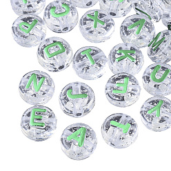 Lime Green Plating Transparent Acrylic Beads, with Glitter Powder, Metal Enlaced, Flat Round with Letter, Lime Green, 10x6mm, Hole: 1.8mm, about 632pcs/200g