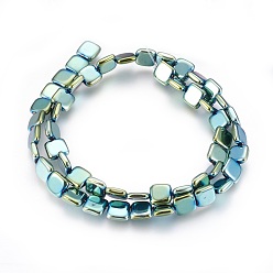 Green Plated Electroplated Non-magnetic Synthetic Hematite Beads Strands, Polish, Square, Green Plated, 8x8x2.5mm, Hole: 1mm, about 52pcs/strand, 15.98 inch(40.6cm)
