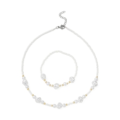 White ABS Plastic Imitation Pearl Beaded Stretch Bracelet & Beaded Necklace, Jewelry Set for Women, White, 15-1/2 inch(39.5cm), Inner Diameter: 2-1/4 inch(5.7cm), 2Pcs/set