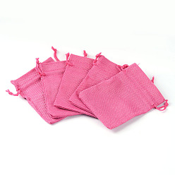 Rose Foncé Sacs en polyester imitation toile de jute sacs à cordon, pour noël, fête de mariage et emballage de bricolage, rose foncé, 14x10 cm