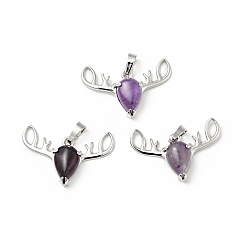 Amethyst Natural Amethyst Pendants, with Platinum Tone Brass Findings, Lead Free & Cadmium Free, Deer Head Charms, 23~24x34x7.5mm, Hole: 5x8mm