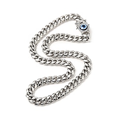 Stainless Steel Color 304 Stainless Steel Curb Chain Necklace with Crystal Rhinestone, Resin Evil Eye Clasp Lucky Necklace for Men, Stainless Steel Color, 24.88 inch(63.2cm)