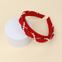 Red Cloth Hair Bands, with Plastic Pearl & Alloy Chains, Hair Accessories for Women Girls, Red, 30mm, Inner Diameter: 140x160mm