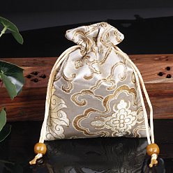 PapayaWhip Chinese Style Flower Pattern Satin Jewelry Packing Pouches, Drawstring Gift Bags, Rectangle, PapayaWhip, 14x11cm