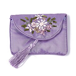 Medium Purple Embroidery Cloth Zip Pouches, with Tassels and Stainless Steel Snap Button, Rectangle, Medium Purple, 12x8.5cm